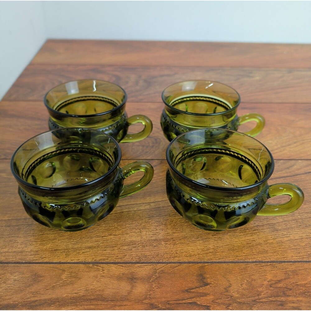 Vtg Indiana Glass Kings Crown Thumbprint Avocado Green Mugs Cups Set of 4 MCM